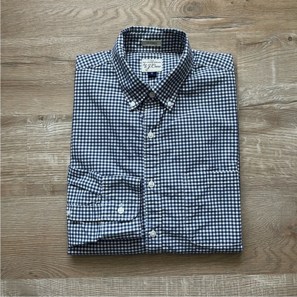 J. Crew Navy Checkered Casual Classic Fit Shirt - Picture 2 of 7